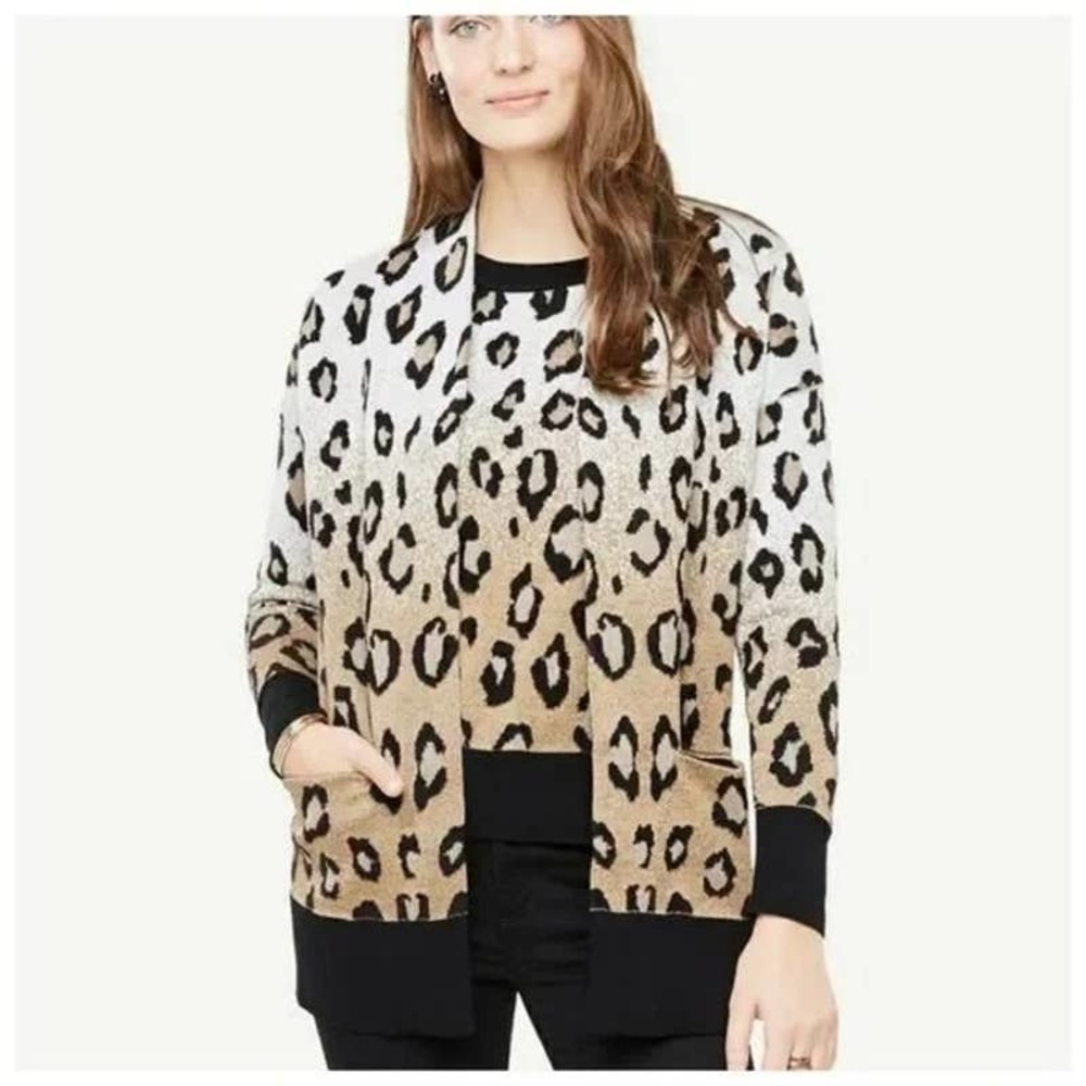 Ann Taylor Leopard Print Open Cardigan S Metallic Sweater Wool‎ Ombre Black Gold